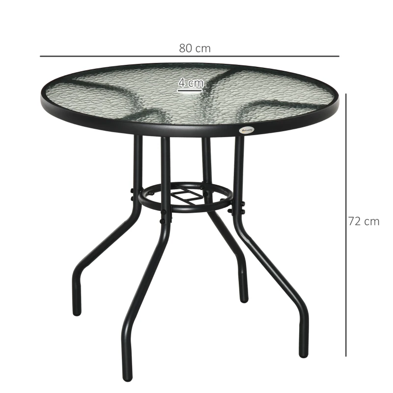 Outsunny Mesa de Jardim Redonda Ø80x72 cm com Orifício para Chapéu de Sol e Tampo de Vidro Temperado para Pátio Terraço Preto