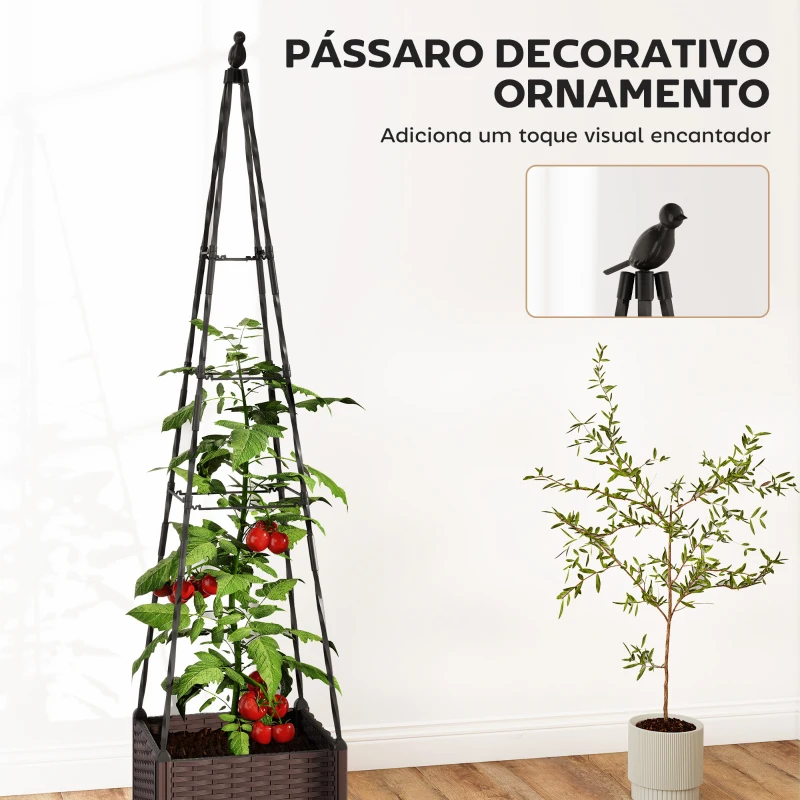 Outsunny Floreira com Treliça Metálica para Plantas Trepadeiras Vaso de PP com Orifícios de Drenagem e Tampões 40x40x175 cm Preto
