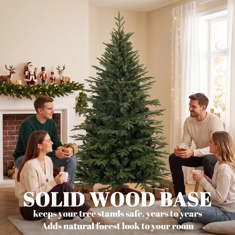 HOMCOM 7ft Artificial Christmas Tree Full Hinged Xmas Tree Solid Pine Wood Stand, Green