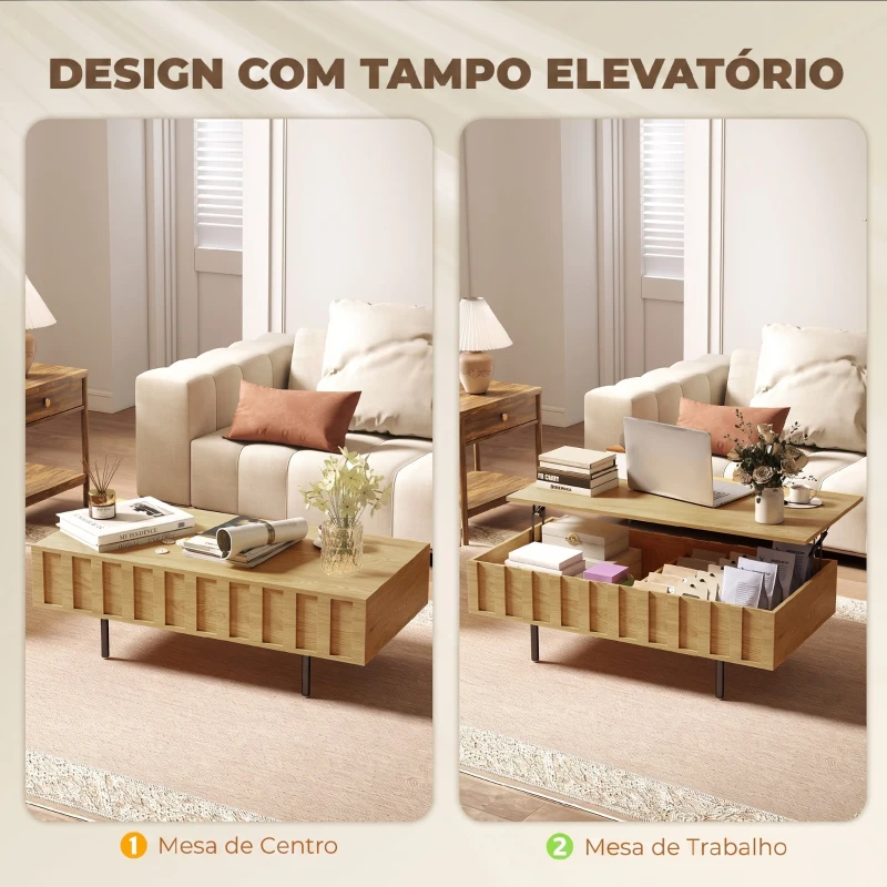 HOMCOM Mesa de Centro Elevatória com 2 Compartimentos Ocultos e Pés Metálicos 110x55x36,5 cm Carvalho