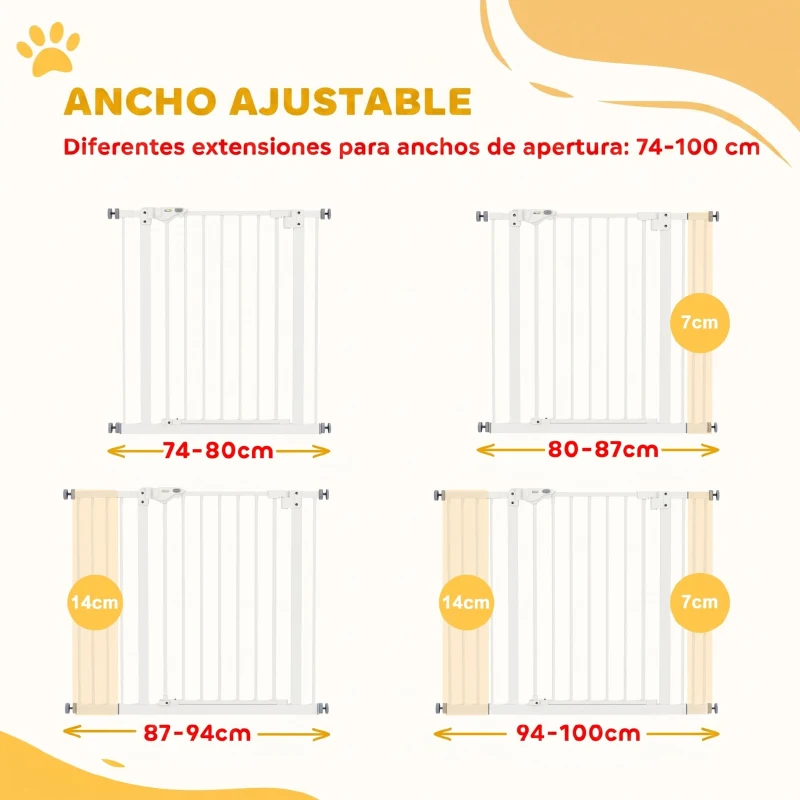 PawHut Barrera de Seguridad para Perros 74-100 cm con Extensiones Montaje a Presión y Doble Bloqueo Blanco