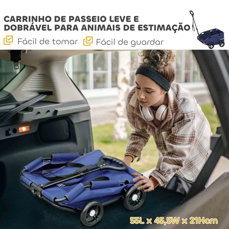 PawHut Carrinho para Cães Dobrável Carrinho para Cães Miniatura com Barra de Empurre Ajustável Desenho Aberto 53x45x28 cm Azul Escuro