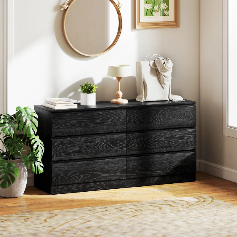 HOMCOM Cómoda com 6 Gavetas Estilo Moderno 140x40x71 cm Preto com Efeito Madeira