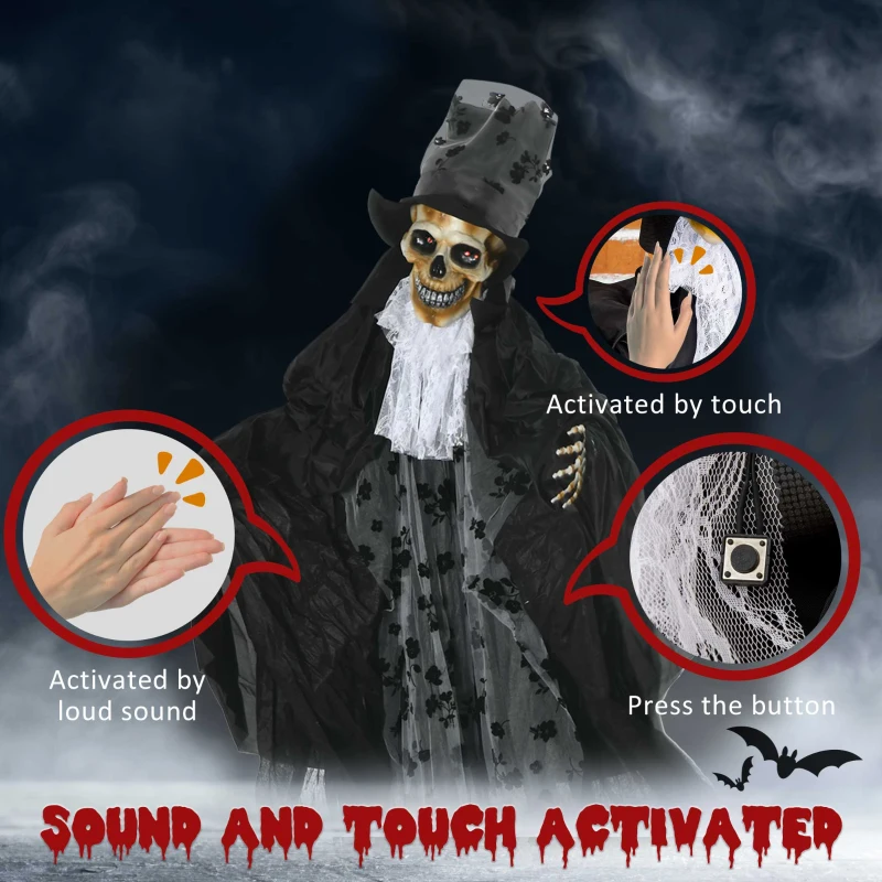 Outsunny 189cm Life Size Outdoor Halloween Decorations Ghost Bridegroom, Animated Prop Animatronic Decor with Sound and Motion Activated, Light Up Eyes, Howling Sound