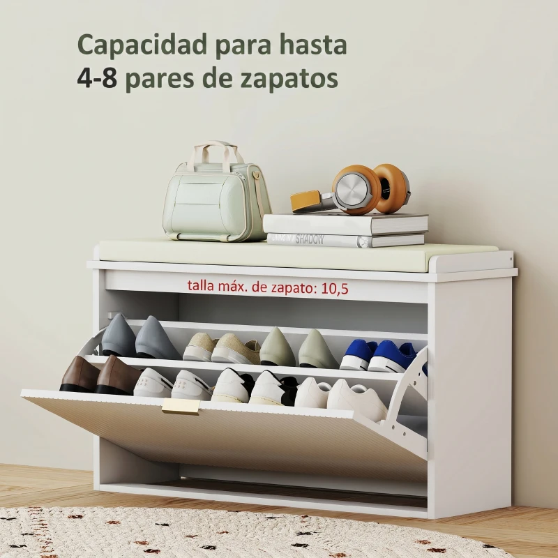 HOMCOM Banco Sapateira Móvel Sapateira Estreito com Assento Estofado Caixa Rebatível e Painel de Ripas 80x26x47,5 cm Branco