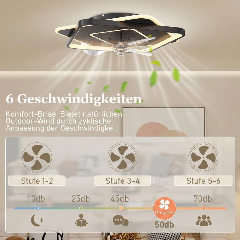 HOMCOM Deckenventilator mit Licht und Fernbedienung, LED-Deckenventilator mit 6 Geschwindigkeiten, 3 Farbtemperaturen