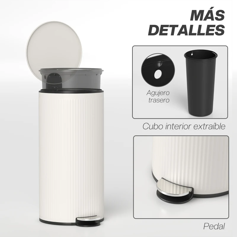 HOMCOM Cubo de Basura Cocina 30L con Pedal Tapa de Cierre Suave y Cubo Extraíble para Dormitorio Oficina Estudio Salón Crema