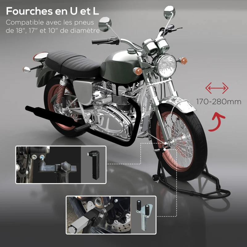 HOMCOM Support pour moto, béquille avant pour moto avec goupille réglable et adaptateurs pour bras oscillant, noir