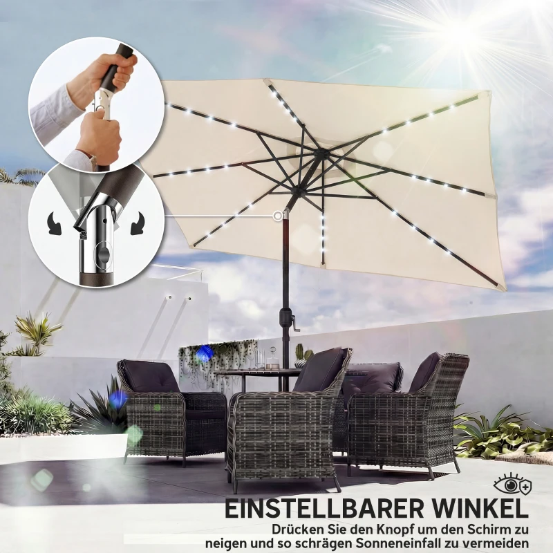 Outsunny Sonnenschirm LED Solar ca. 300 x 200 cm knickbar Balkonschirm mit Kurbel Schutzhülle, UV Schutz, Drehbar Cremeweiß