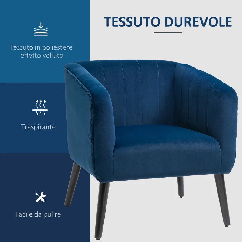 HOMCOM Poltroncina Moderna Sedia Imbottita Stile Nordico, Rivestimento in Velluto e Gambe in Legno, Blu, 70.5x70x76cm