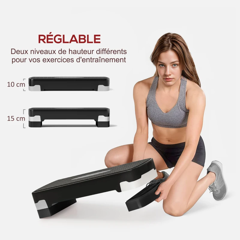 HOMCOM Stepper aerobic fitness hauteur reglable 2 niveaux surface antiderapante PP 68 x 29 x 15 cm noir et gris