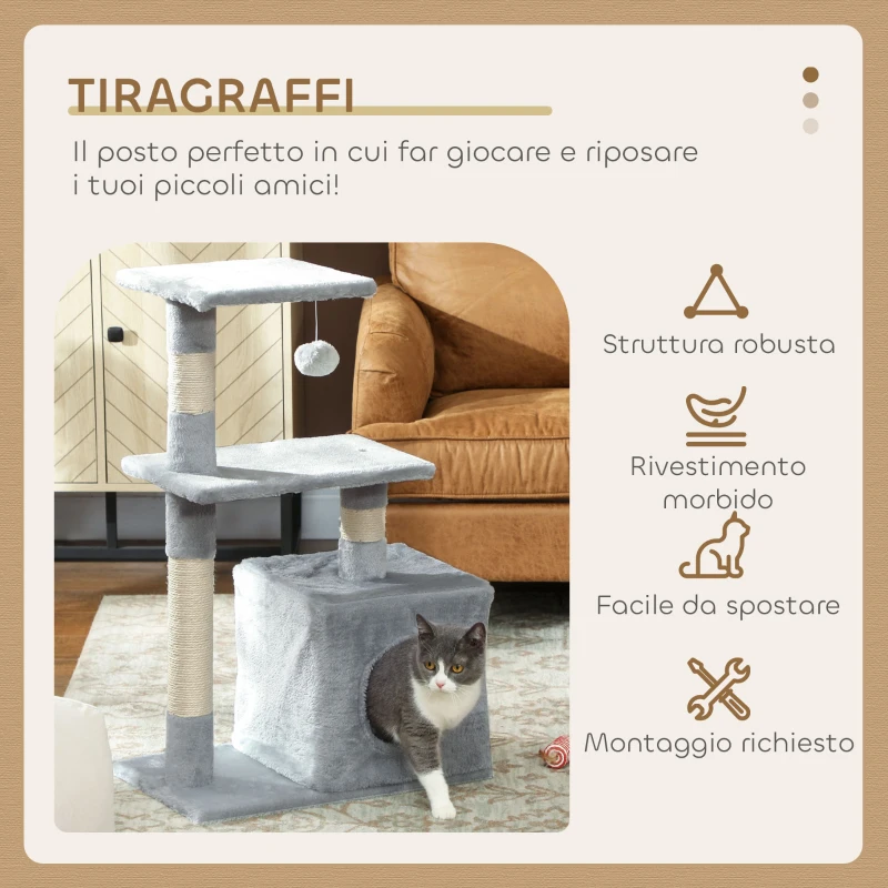 PawHut Tiragraffi per Gatti con Casetta, 2 Piattaforme e Pallina, in Legno, Sisal e Peluche, 50x30x81.5 cm, Grigio