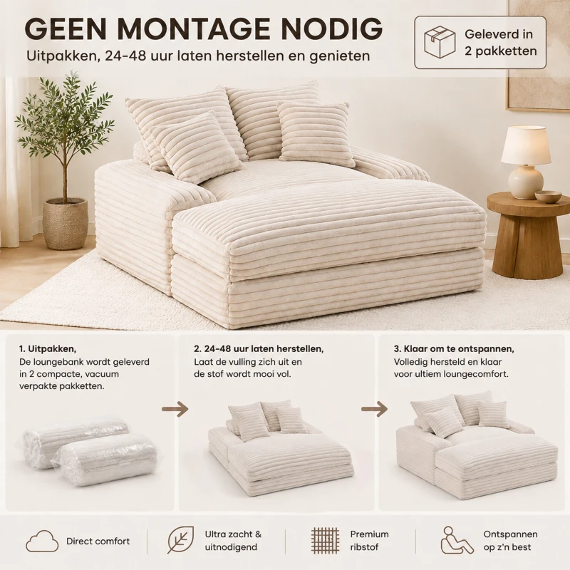 Extra diepe loungebank van ribstof, chaise longue met traagschuim en 4 kussens, zonder montage, 175 x 137 x 63 cm, beige
