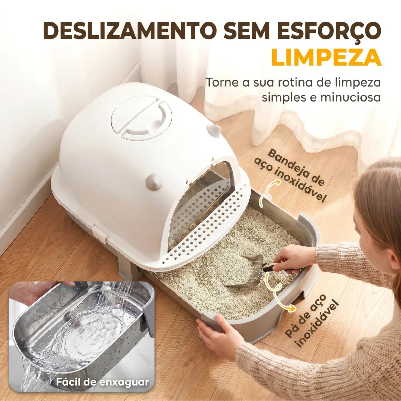 PawHut Caixa de Areia para Gatos L com Tampa Superior Removível, Tabuleiro em Aço Inoxidável, Porta Frontal e Pá, Cinzento