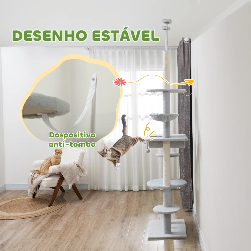 PawHut Arranhador para Gatos do Chão ao Teto 225-255 cm com 7 Níveis Rede Plataformas Postes de Arranhar  Cinza