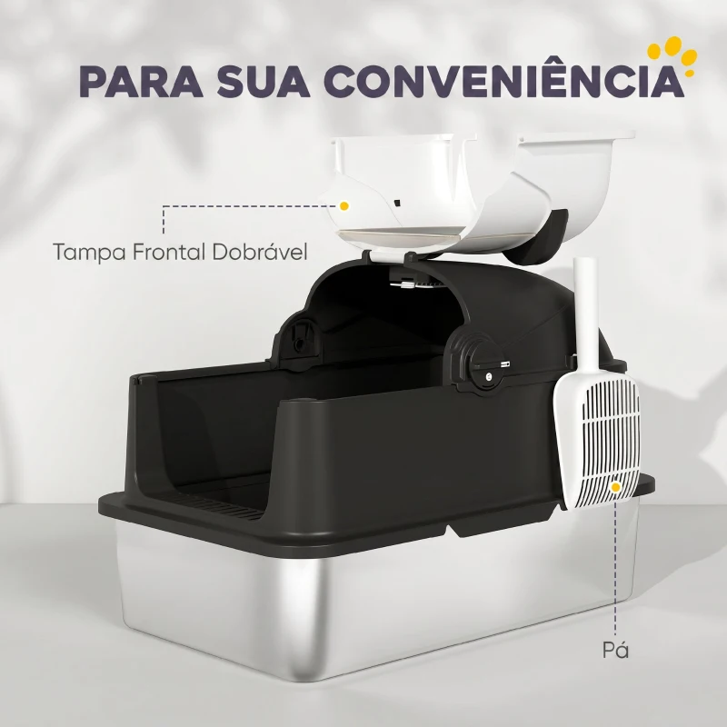 PawHut Caixa de Areia para Gatos Grandes XL em Aço Inoxidável com Tampa Rebatível, Pá e Desodorizante, Panda, Preto
