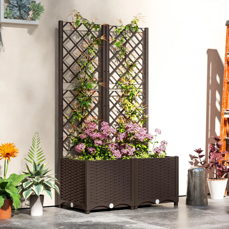 Outsunny Floreira com Treliça de PP com Drenagem e Amplo Espaço para Plantas Trepadoras Vaso com Suporte para Jardim 80x40x135 cm Marrom