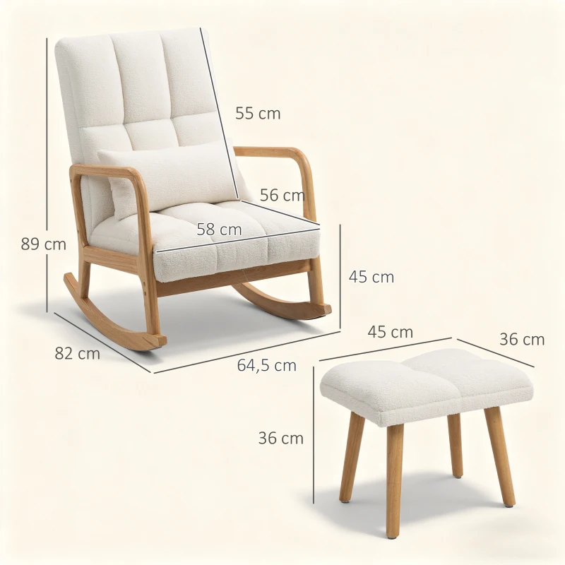 HOMCOM Poltrona de Baloiço com Apoio para os Pés Estofado em Bouclé com Almofada Acolchoada Encosto Ergonómico Apoios de Braços e Pés de Madeira 64,5x82x89 cm Branco