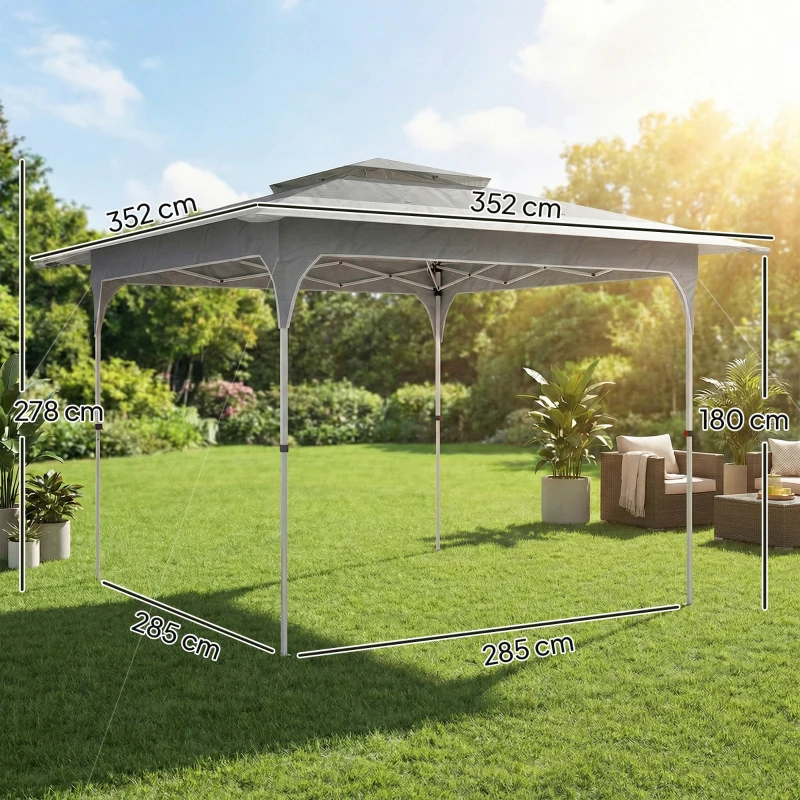 Outsunny Tenda Dobrável 3,5x3,5 m Pop-up com Altura Ajustável 3 Níveis Teto Duplo Fecho Central e Bolsa UPF50+ Cinzento