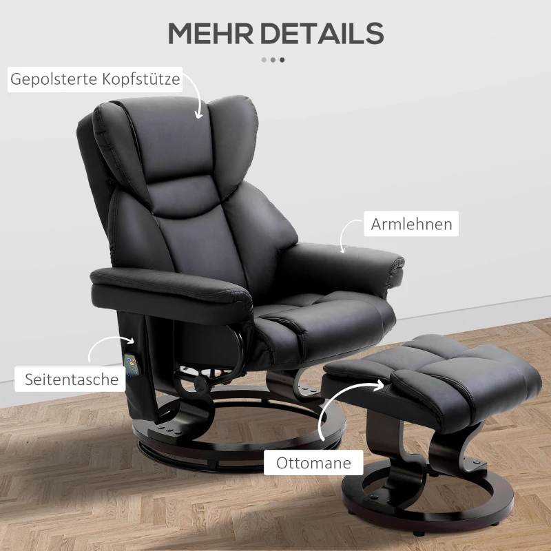 Homcom Relax massagestoel met voetenbank, ligfunctie, kunstleer, zwart