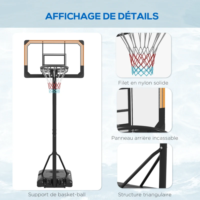 SPORTNOW Panier de basket sur pied hauteur réglable 213 - 243 cm avec base de lestage roulettes panneau arrière robuste noir