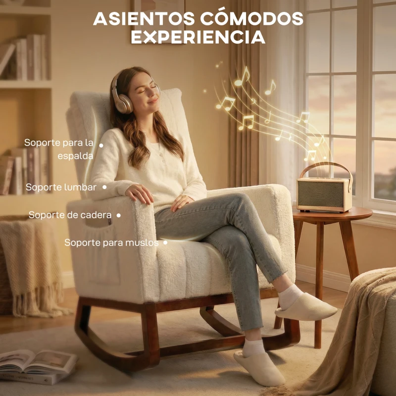 HOMCOM Silla Mecedora con Cojín Lumbar Tapizada en Franela de Nieve Respaldo Alto Base de Madera Bolsillos Laterales Crema