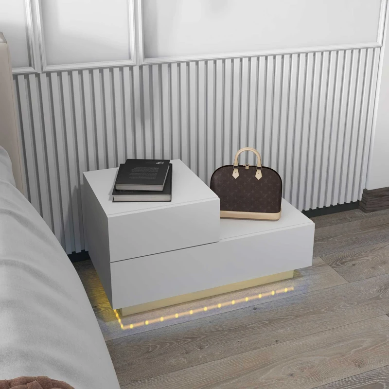 HOMCOM Comodino Moderno con 16 Luci LED RGB, Telecomando e Due Cassetti in Truciolato, 70x37x38cm, Bianco