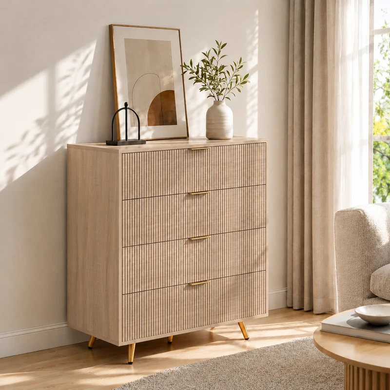 HOMCOM Bedroom Chest of Drawers with 4 Drawers, Fluted Dresser with Gold Tone Handles, Storage Cabinet, Natural