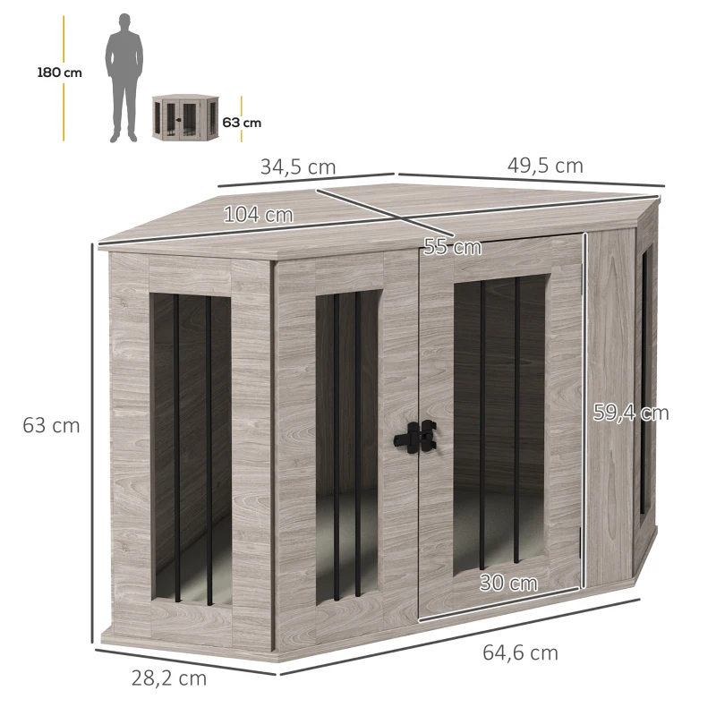 PawHut Hondenbench, hondenkooi, hoekdesign, inclusief vergrendeling, 1 ligkussen, 104 x 55 x 63 cm, bruin(m-3)