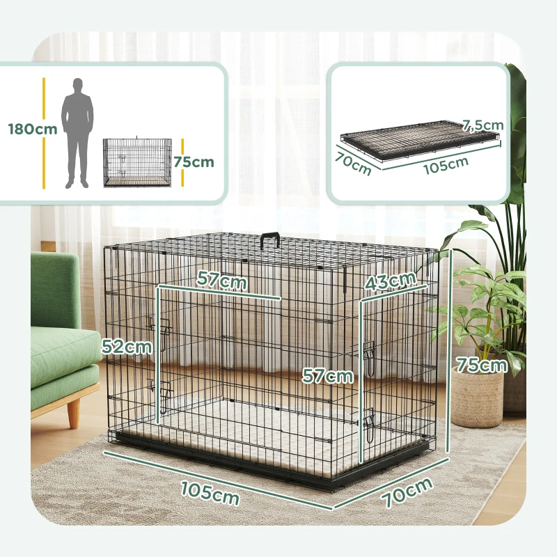 PawHut Jaula Dobrável para Cães com Almofada, Portas, Tabuleiro Amovível e Estrutura Metálica, 106x71,5x76 cm, Preto e Bege