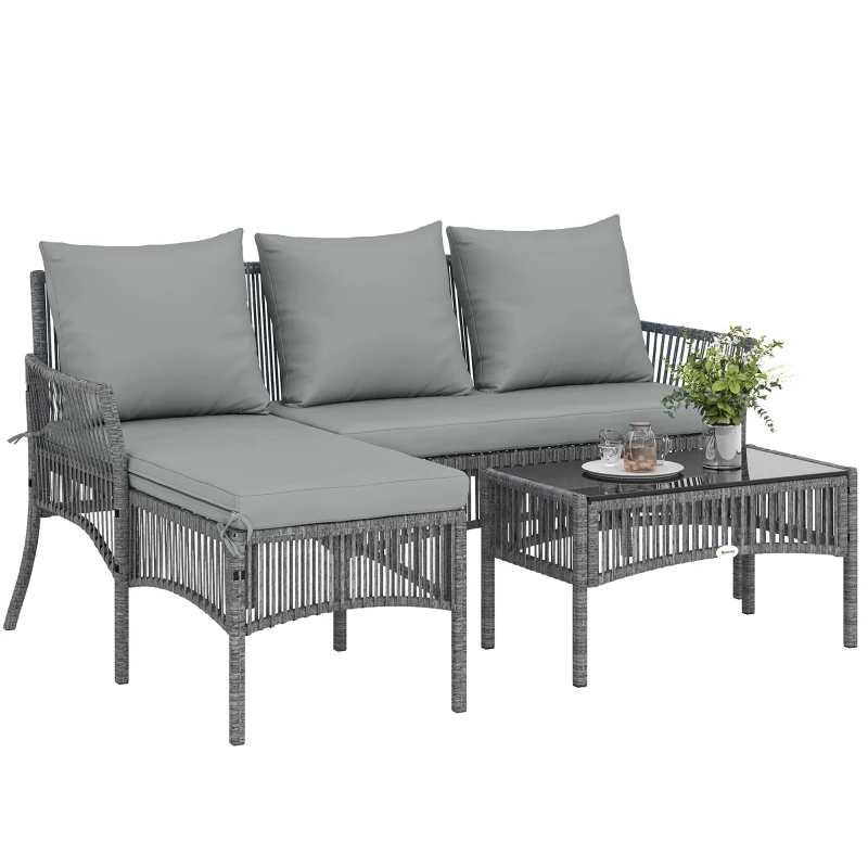 Outsunny 3 Piece Rattan Garden Furniture Corner Sofa Set with Chaise Lounge, Loveseat, Glass Coffee Table, Cushions, Dark Grey