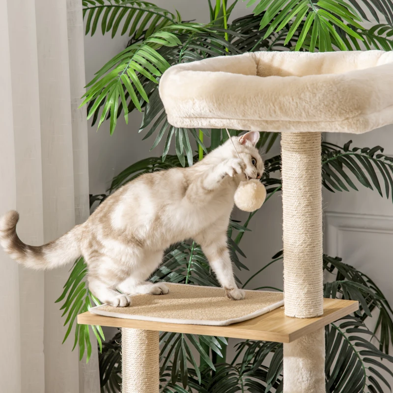 PawHut Arranhador para Gatos com Plataforma Rede Caverna Cama Postes de Sisal e Bolas de Brincar 48x40x126 cm Bege