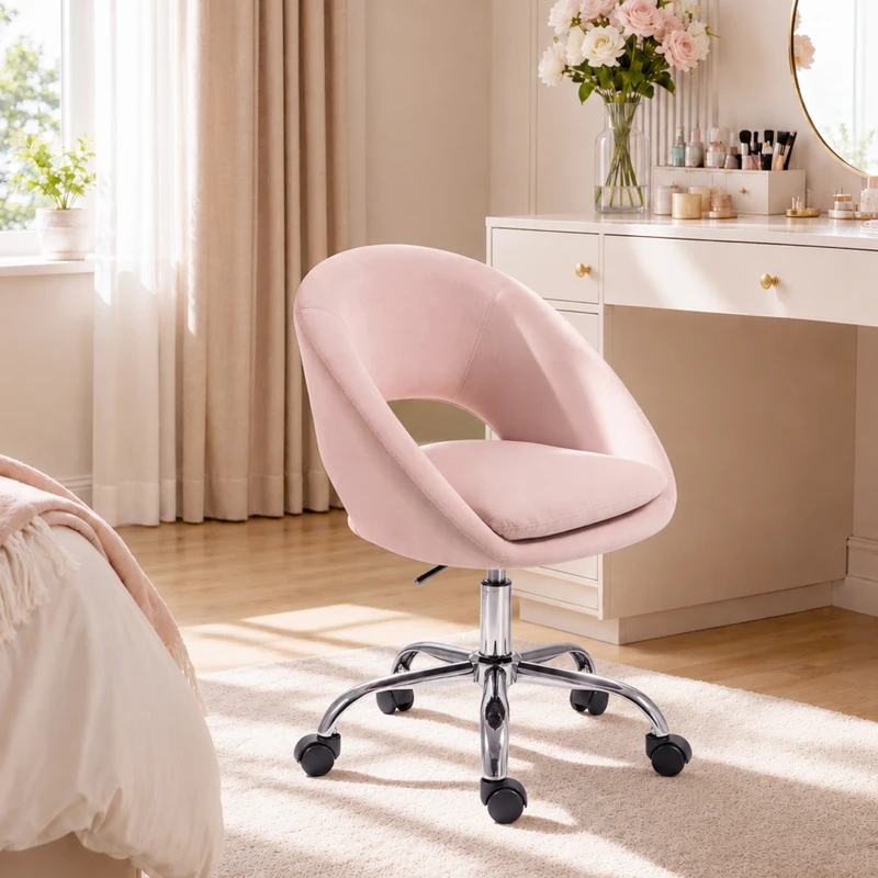 HOMCOM Velvet Desk Chair, Modern Office Chair with Height-Adjustable, Wheels, for Home Study Bedroom, Pink