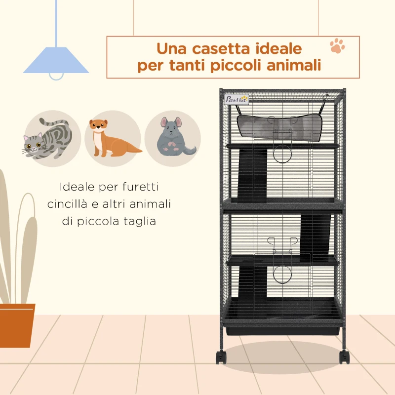 PawHut Gabbia per Porcellini d'India e Cincillà in Acciaio con 3 Piani, Ruote e Vassoio Rimovibile, Grigio