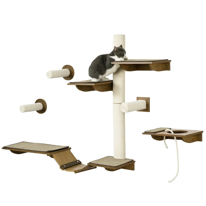 PawHut Kattentrap-Set, Klimwand, 8-delig, Tot 8 kg, Stevig, Bruin/Cremewit
