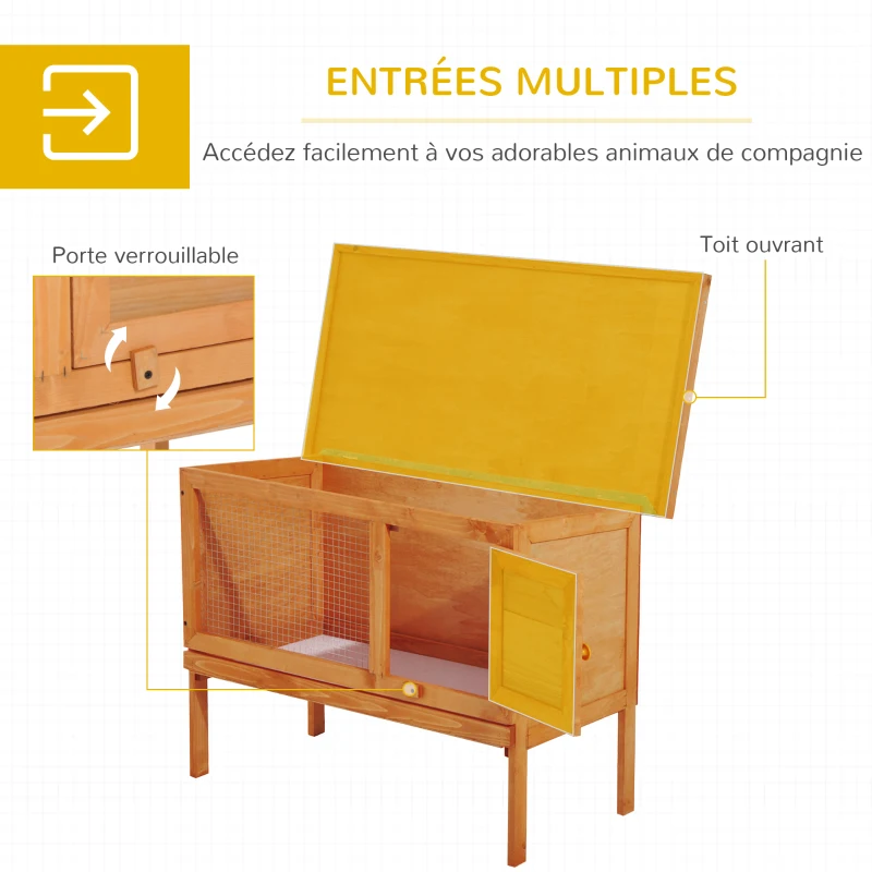 Pawhut Clapier sur pied cage à lapin avec toit ouvrant porte verrouillable tiroir à déjection coulissant bois de sapin traité dim. 90L x 45l x 65H cm bois naturel et vert