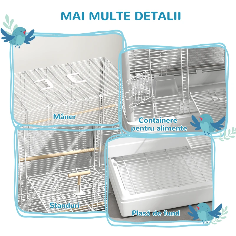 PawHut Colivie pentru Păsări cu Tăviță Detașabilă și Bare de Odihnă, Volieră pentru Papagali, 61x36.5x98 cm, Alb