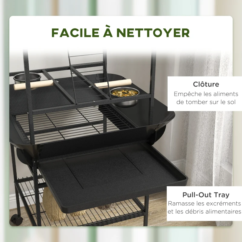 PawHut Aire de jeu sur roulettes pour oiseaux 3 perchoirs en bois 1 échelle 2 mangeoires en inox 155 cm gris foncé