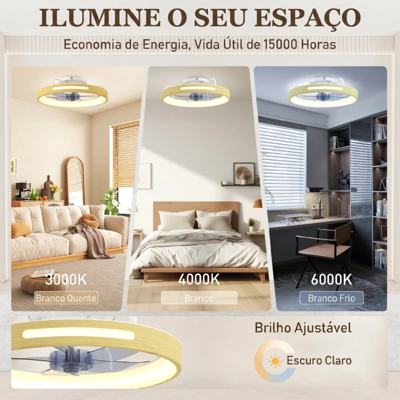 HOMCOM Ventilador de Teto com Luz LED 40 W Motor DC Reversível Comando 6 Velocidades 3 Cores Temporizador Madeira