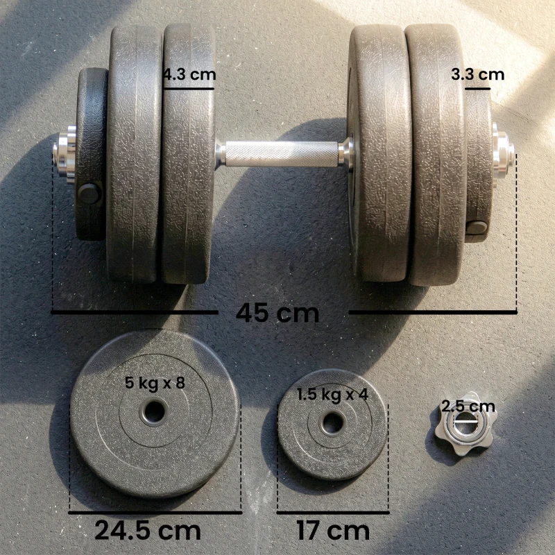 HOMCOM Set 12 Manubri Palestra da 50kg (8x5kg, 4x1.5kg), in Acciaio e Plastica PE, Nero