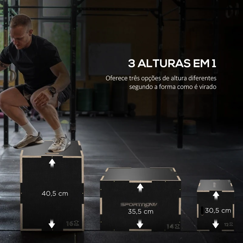 SPORTNOW Caixa Pliométrica com 3 Alturas Diferentes para Treino de Força em Casa Ginásio CrossFit Carga 120 kg 40,5x35,5x30,5 cm Preto
