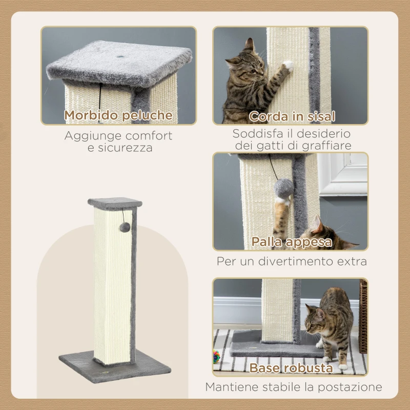 PawHut Tiragraffi per Gatti con Pallina, Palo in Sisal e Rivestimento in Peluche, 41x41x81 cm, Grigio