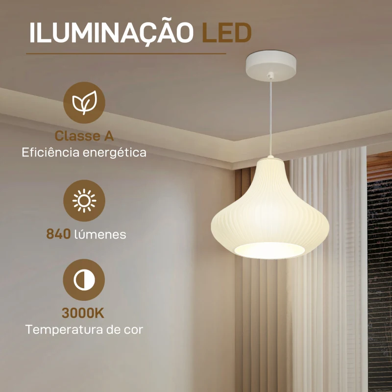 HOMCOM Candeeiro Suspenso Moderno Candeeiro de Teto com Ecrã de Impressão 3D Iluminação para Sala de Jantar Ø22x18 cm Branco