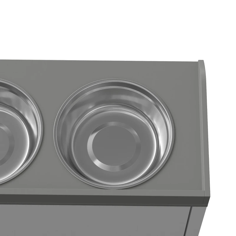 PawHut voerstation, 2 voerbakken van elk 2 liter, roestvrij staal, met lade, wit+grijs, 60 x 30 x 36 cm(m-13)
