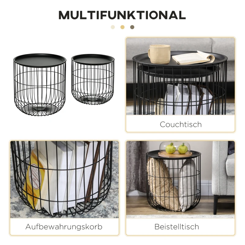 HOMCOM Set van 2 Skandi Design bijzettafels met opbergruimte, stapelbaar, zwart