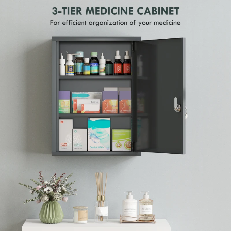 kleankin Locking Medicine Cabinet, First Aid Cabinet with Storage Shelves, with Lock and 2 Keys 53.5 x 40 x 15 cm, Smoke Grey