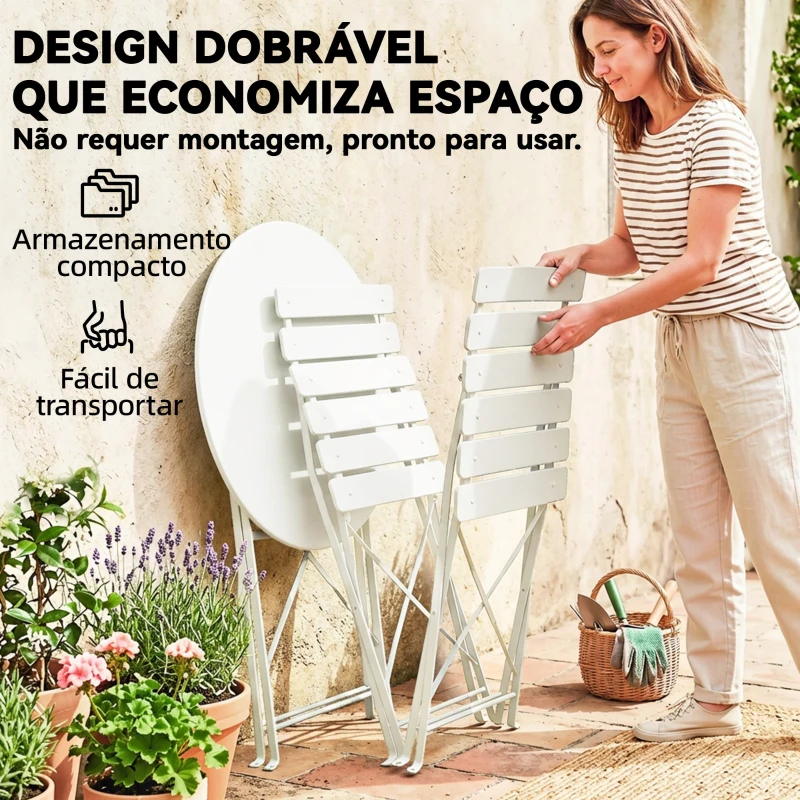 Outsunny Conjunto de Jardim Dobrável com 2 Cadeiras Dobráveis Mesa Redonda Estrutura Metálica Eletroforética para Varanda Creme