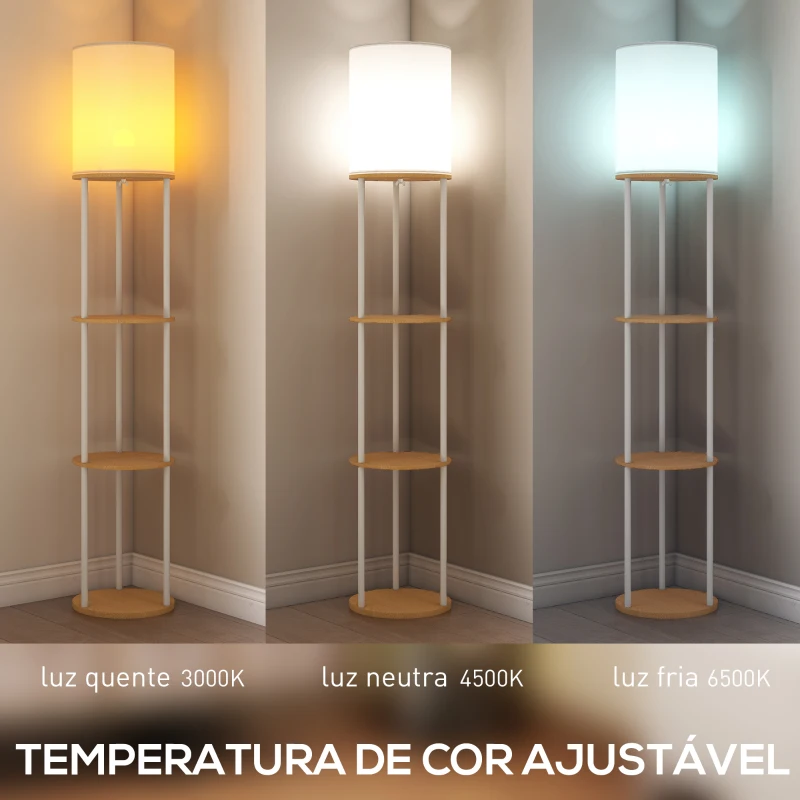HOMCOM Candeeiro de Pé com Prateleiras 3 Temperaturas de Cor Controlo Remoto e Casquilho E27 Ø29x158 cm Madeira