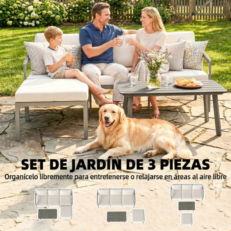 Outsunny Conjunto de Jardín Exterior de 3 Piezas con Sofá de 3 Plazas Reposapiés Mesa de Centro y Cojines Marrón y Beige