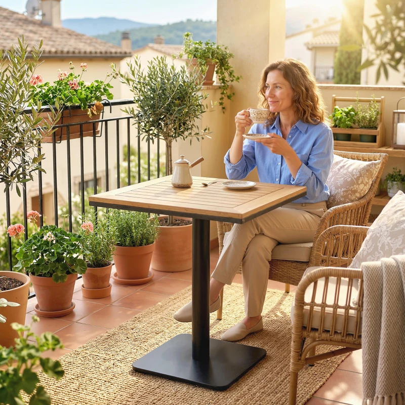 Outsunny Bijzettafel 70 x 70 cm weerbestendig tuintafel met houtlook brede basis, vierkant natuurhout